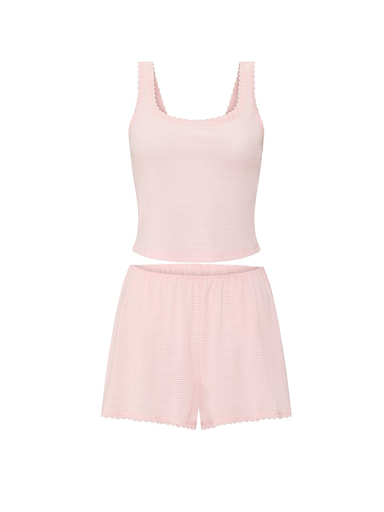 Victoria's Secret, Victoria's Secret Cotton Shadow Stripe Cropped Tank & Shorts Set, Angel Pink, offModelFront, 4 of 4