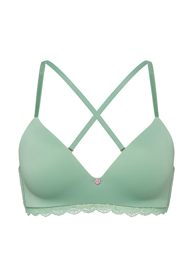 Victoria's Secret, Dream Angels Smooth & Lace Wireless Push-Up Bra, Sweet Spearmint, offModelFront, 3 of 4