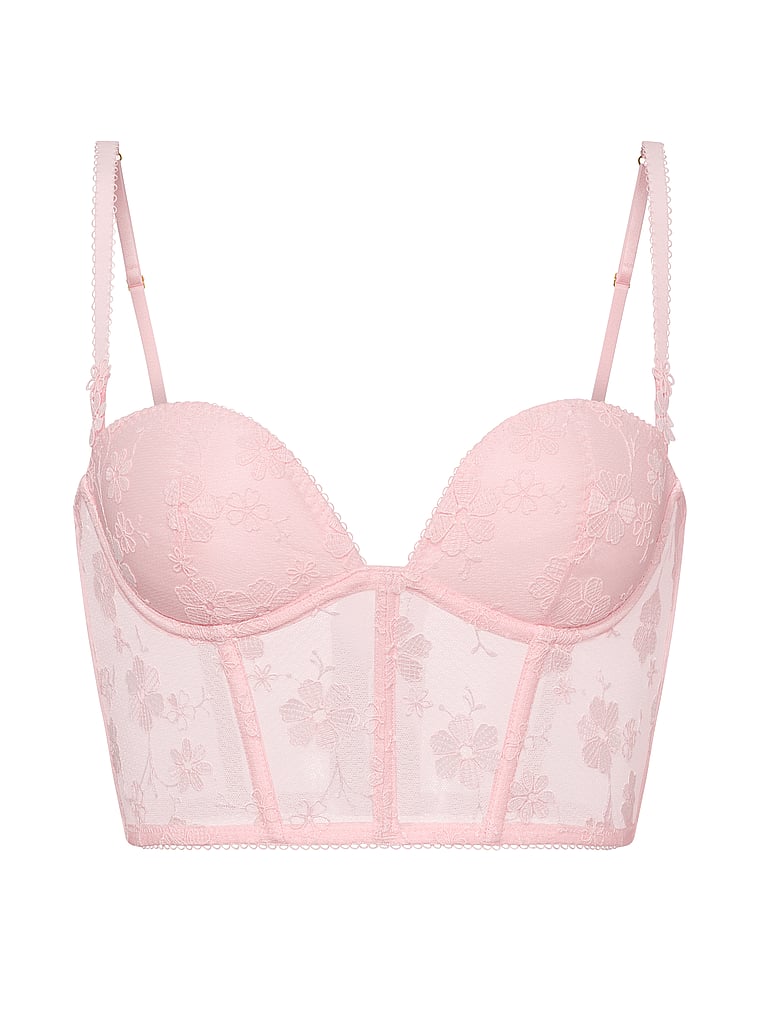 Victoria's Secret, Dream Angels Blossom Embroidery Plunge Corset Top, Pink Blossoms, offModelFront, 3 of 4