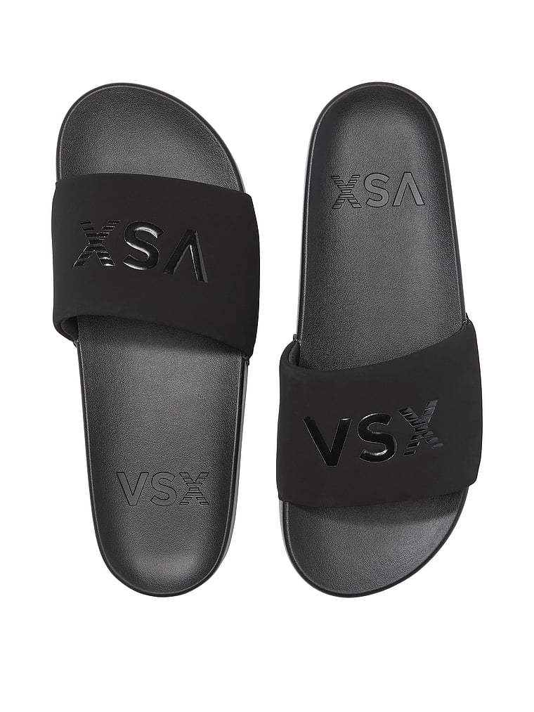Victoria's Secret, Victoria's Secret VSX Slide Sandals, Black, offModelFront, 1 of 2