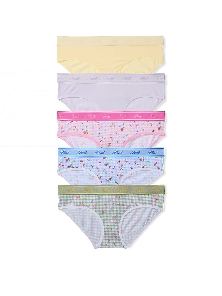 PINK 5-Pack Logo Cotton Hiphugger Panties, Floral Gingham Pack, offModelFront, 1 of 1