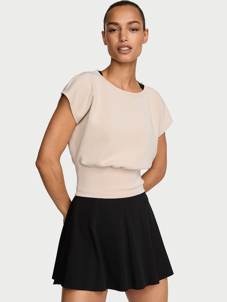Victoria's Secret, VSX Featherweight Knit Short-Sleeve Top, Oyster, onModelFront, 1 of 3 Nikita  is 5'10" or 178cm and wears Small