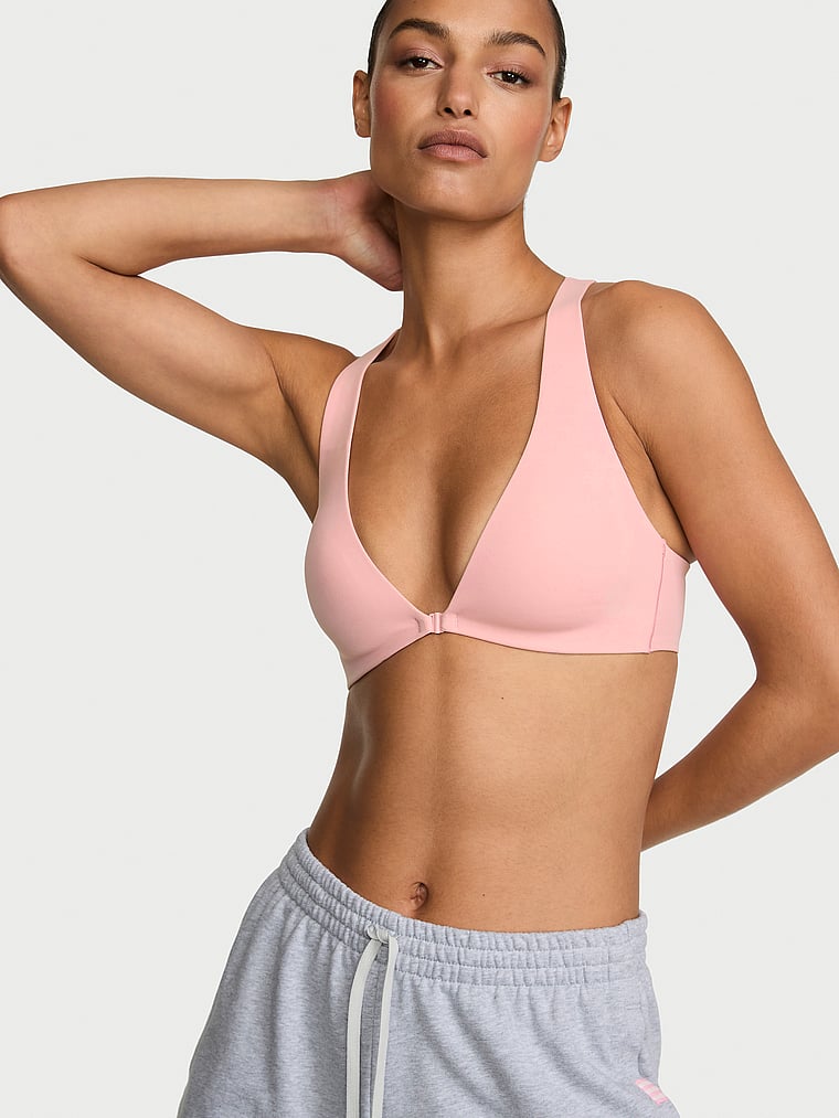 Victoria's Secret, VSX VSX Elevate™ Triangle Plunge Front-Close Sports Bra, Dusk Pink, onModelSide, 3 of 6