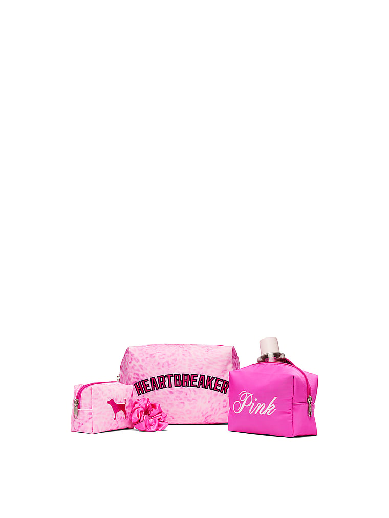 PINK Makeup Bag Trio, Pink Leopard, offModelBack, 4 of 5