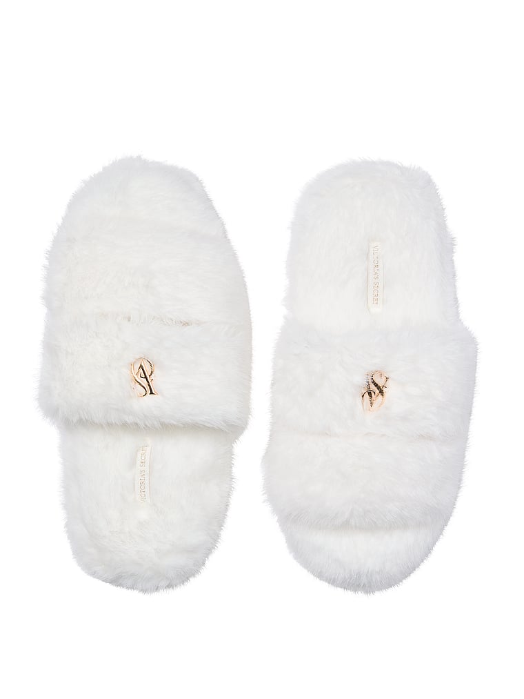 Victoria's Secret, Victoria's Secret Luxe Plush Double Strap Slippers, Coconut White, onModelFront, 1 of 2