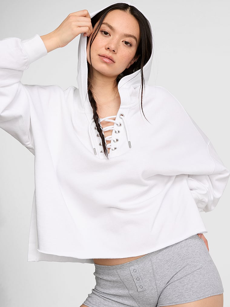 PINK Campus Terry™ Lace-Up Tunic Hoodie, White, onModelFront, 1 of 3