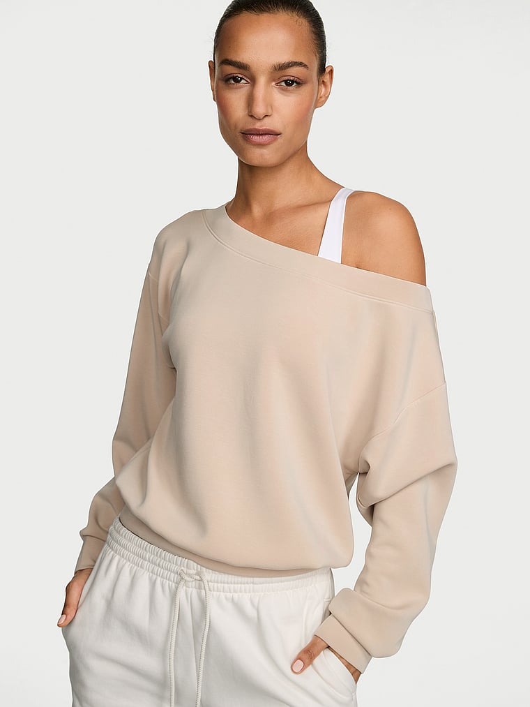 Victoria's Secret, VSX Featherweight Knit Off-the-Shoulder Top, Oyster, onModelFront, 1 of 3 Nikita  is 5'10" and wears Small