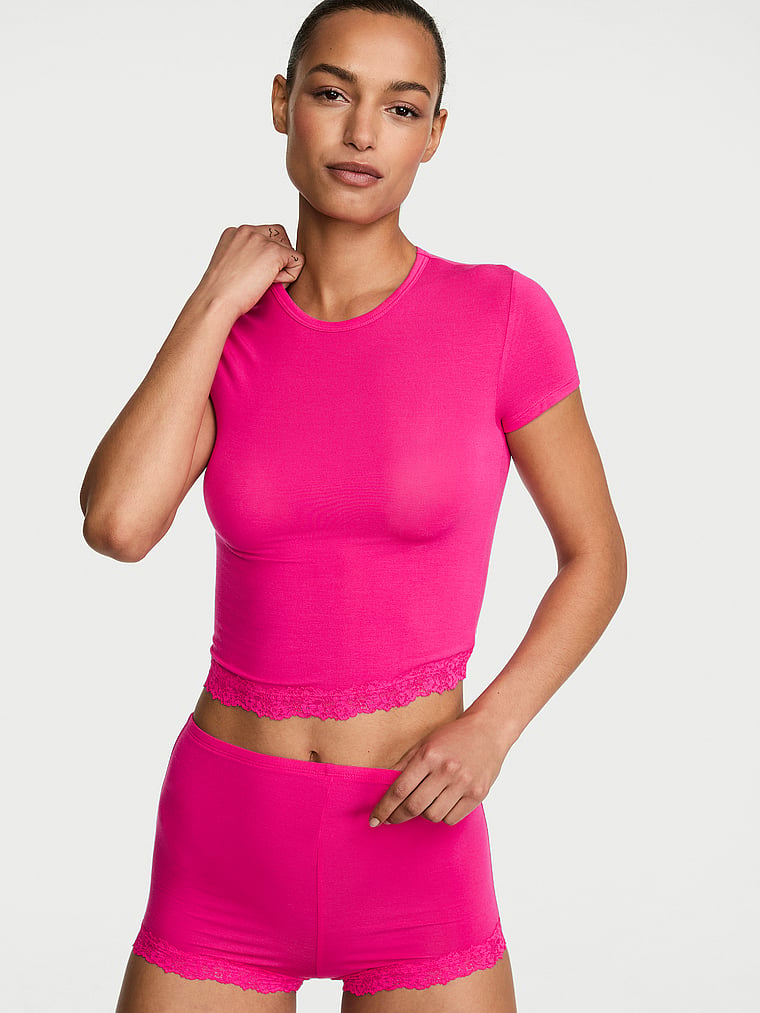 Victoria's Secret, Victoria's Secret SoSoft™ Modal Lace-Trim Tee & Shortie Set, Pop Pink, onModelFront, 1 of 4 Nikita  is 5'10" and wears S/Long