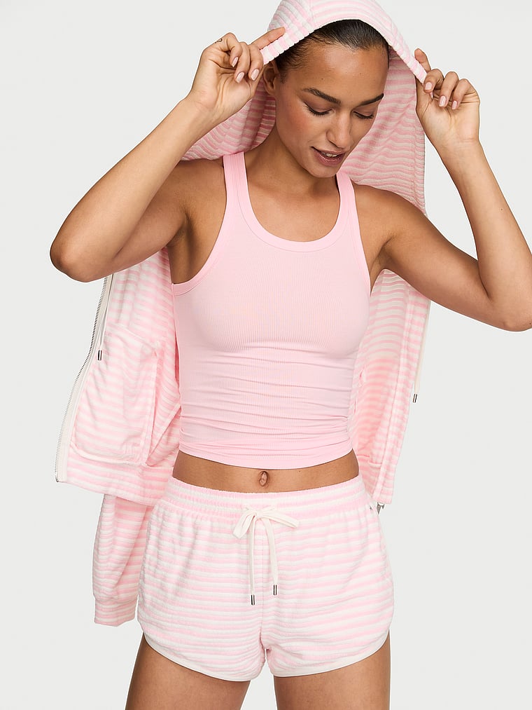 Victoria's Secret, Angel Essentials Micro Terry Curved Hem Short, Pretty Blossom Stripes, onModelSide, 3 of 4