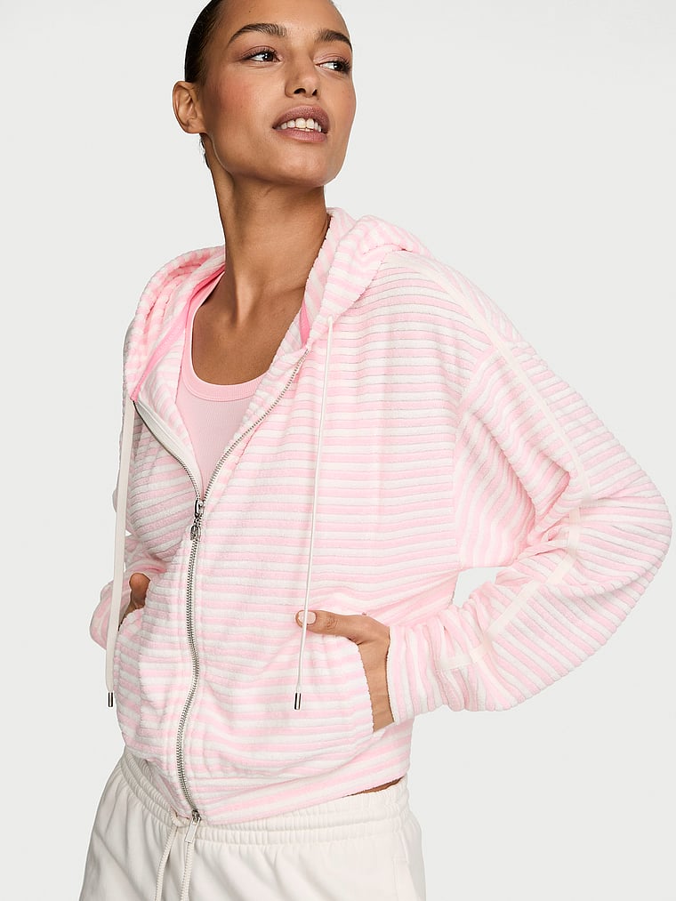 Victoria's Secret, Angel Essentials Micro Terry Full-Zip Hoodie, Pretty Blossom Stripes, onModelSide, 3 of 4