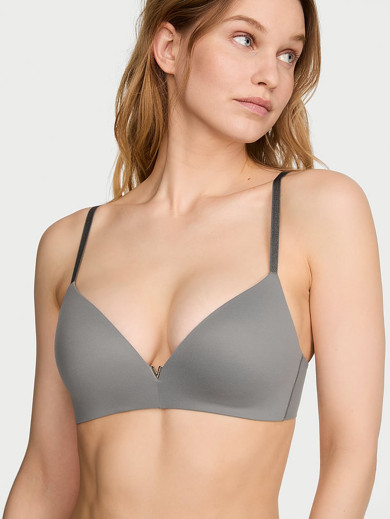 Victoria's Secret, Love Cloud Wireless Push-Up Bra, Steel Grey, onModelFront, 3 of 4 Lotta is 5'10" or 178cm and wears 34B or Small
