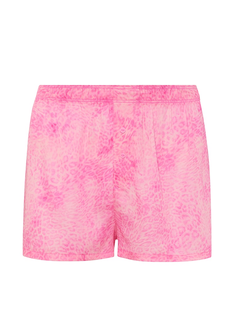 PINK Silky Boxy Pajama Shorts, Pink Leopard, offModelFront, 3 of 3