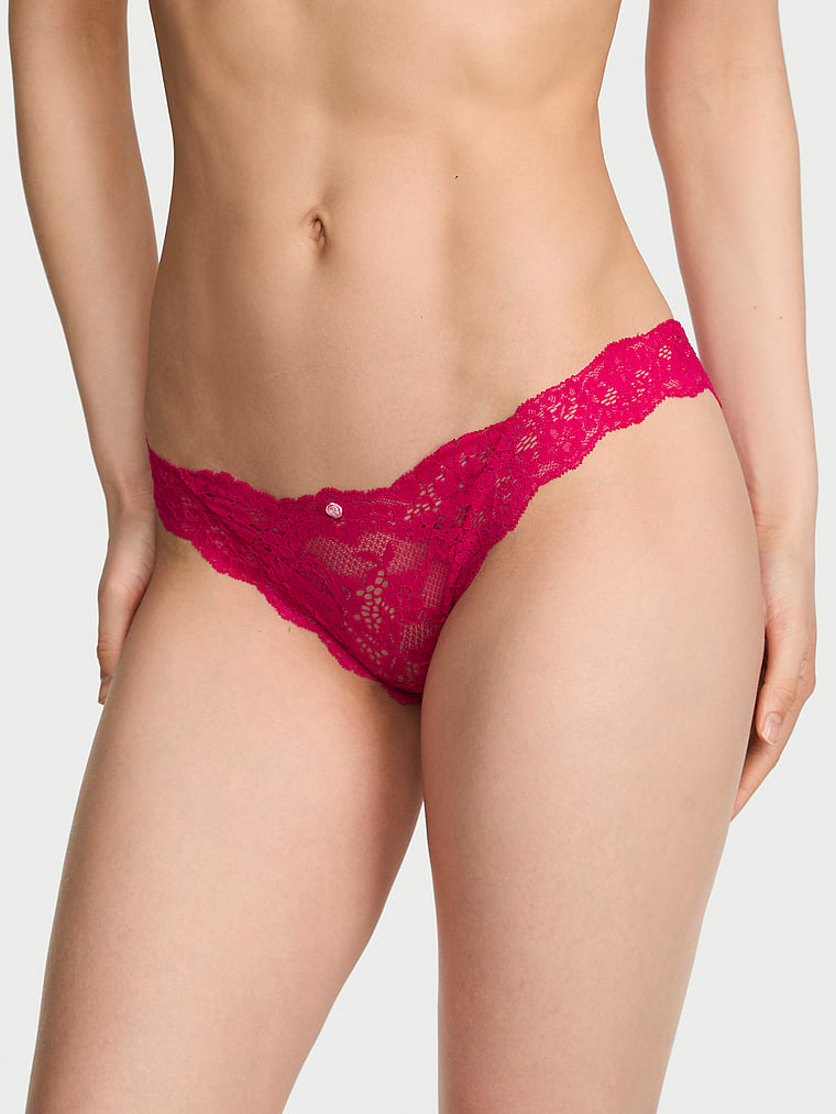 Victoria's Secret, Dream Angels Lace-Trim Bikini Panty, Pink, onModelFront, 1 of 3 Lotta is 5'10" and wears Small