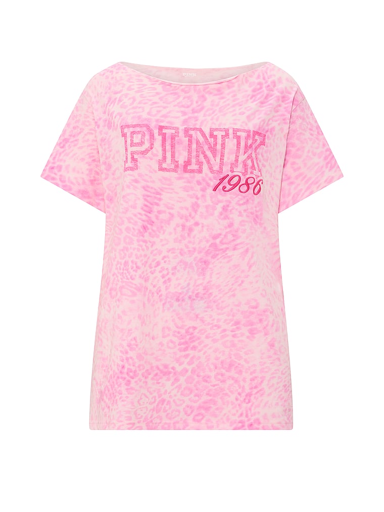 PINK Campus Cotton™ Off-The-Shoulder Tee, Pink Leopard, offModelFront, 3 of 3