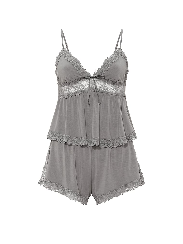 Victoria's Secret, Victoria's Secret SoSoft™ Modal Lace-Trim Cami & Shorts Set, Steel Grey, offModelFront, 3 of 4