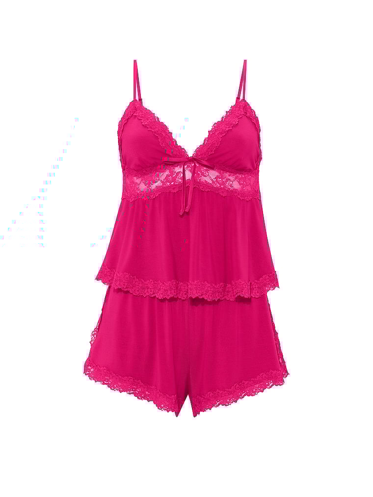 Victoria's Secret, Victoria's Secret SoSoft™ Modal Lace-Trim Cami & Shorts Set, Pop Pink, offModelFront, 3 of 4