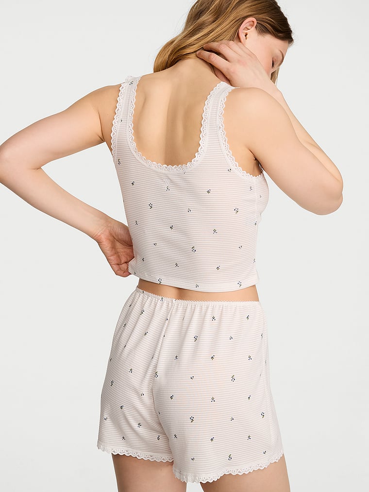 Victoria's Secret, Victoria's Secret Cotton Shadow Stripe Cropped Tank & Shorts Set, Coconut White Floral, onModelBack, 2 of 4 Lotta is 5'10" and wears S/Regular