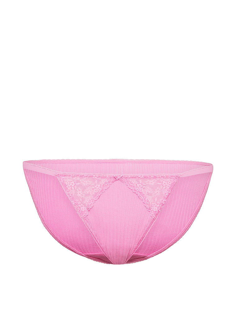 Victoria's Secret, Victoria's Secret Cotton Pointelle Floral Lace-Trim String Bikini Panty, Pink Sugar, offModelFront, 3 of 3
