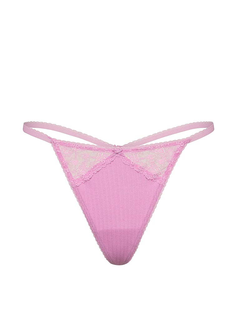 Victoria's Secret, Victoria's Secret Cotton Pointelle Floral Lace-Trim V-String Panty, offModelFront, 3 of 4