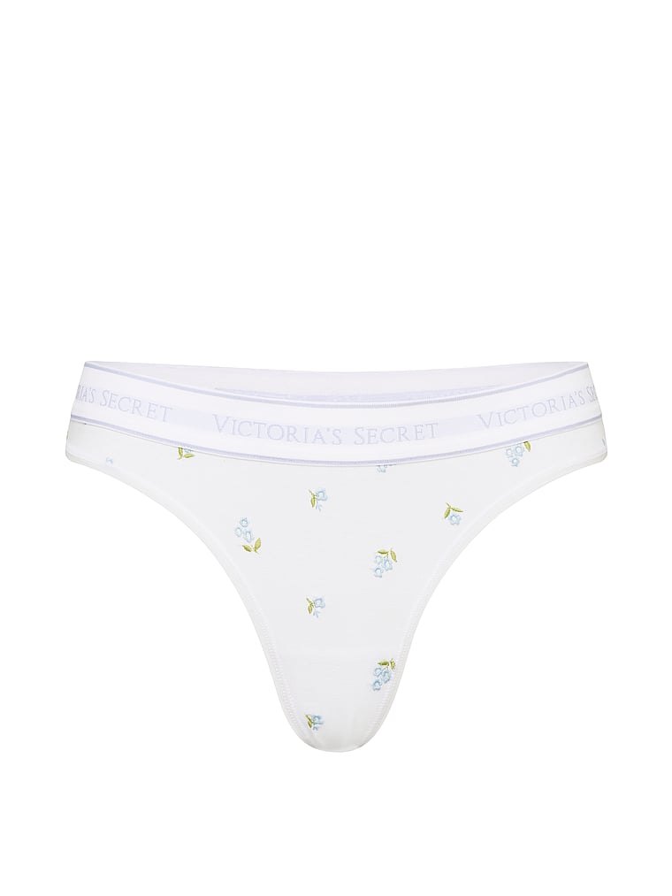 Victoria's Secret, Cotton Logo Cotton Thong Panty, White Floral Embroidery , offModelFront, 3 of 4