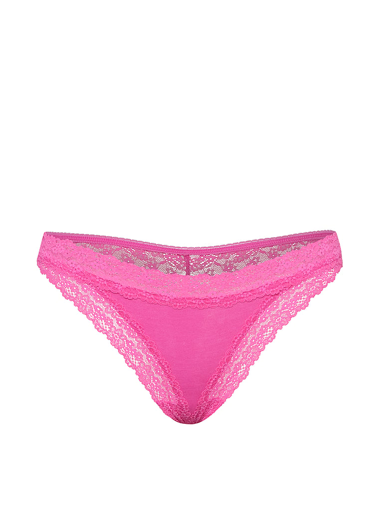 Victoria's Secret, Lace Trim Cotton Lace-Trim Thong Panty, Flower Pink, offModelFront, 3 of 4