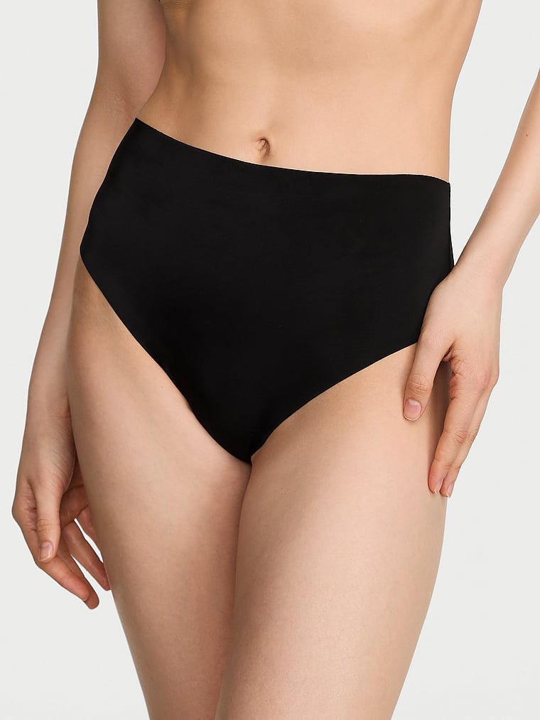 Victoria's Secret, No-Show No-Show Leopard Lace High-Waist Thong Panty, Black, onModelFront, 1 of 3 Lotta is 5'10" and wears Small