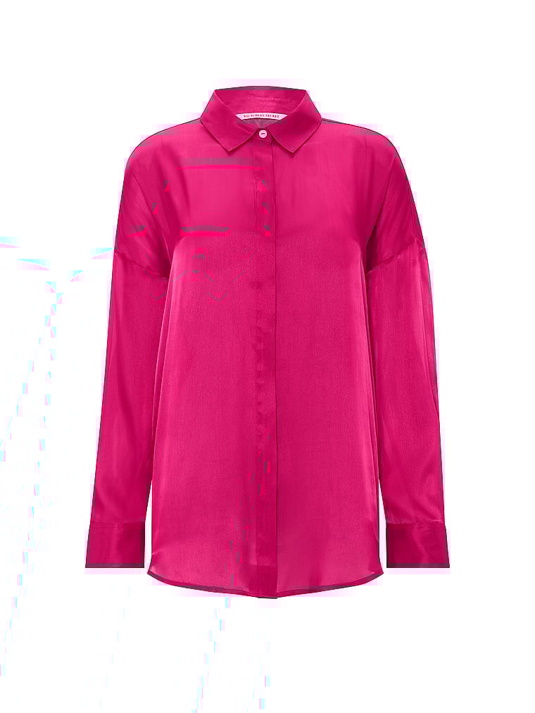 Buy Luxe Sheer Satin Button-Front Shirt, Pop Pink - Order Pajama Tops ...