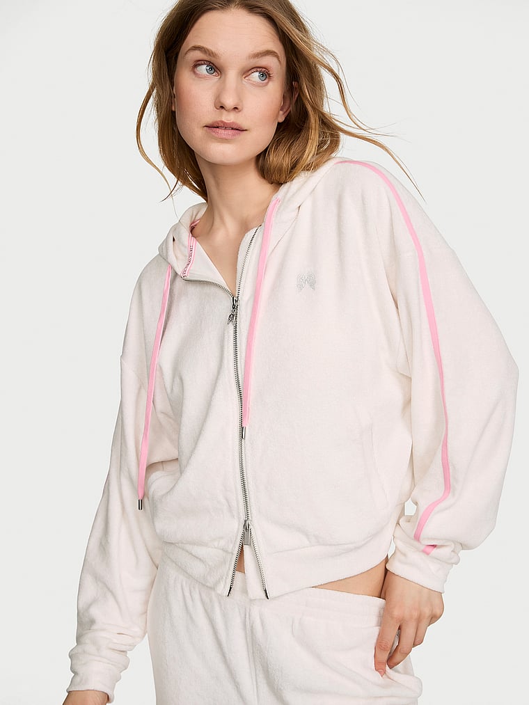 Victoria's Secret, Angel Essentials Micro Terry Full-Zip Hoodie, Coconut White, onModelFront, 1 of 3 Lotta is 5'10" and wears Small