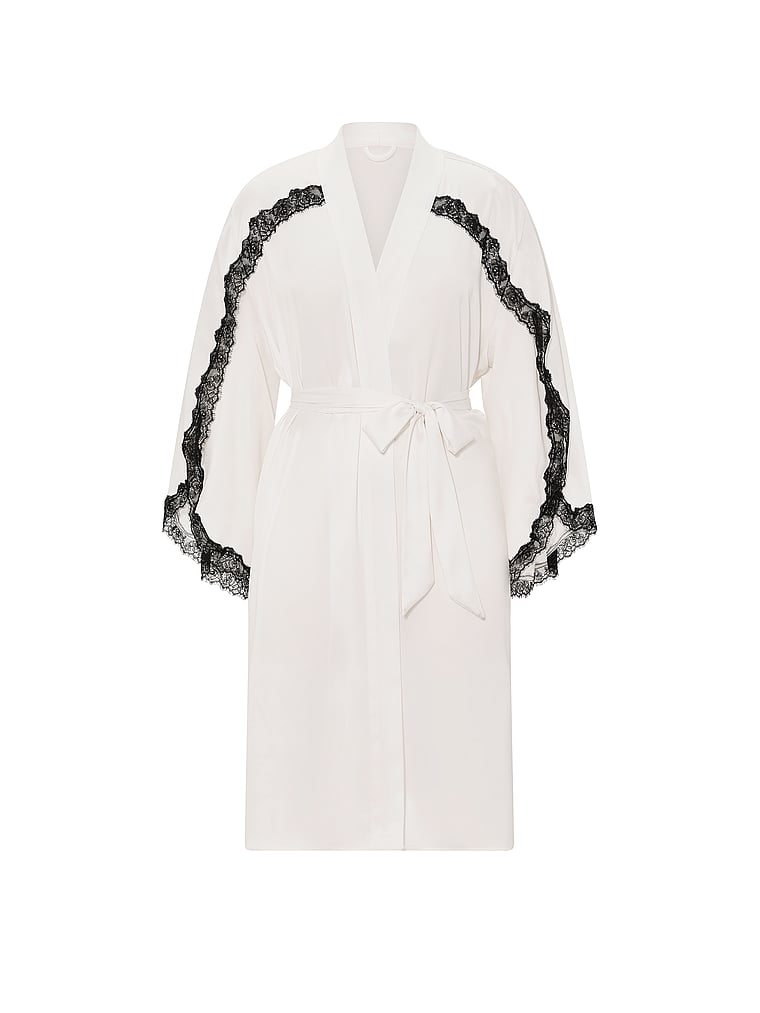Victoria's Secret, Very Sexy Satin Rose Lace-Trim Midi Robe, Coconut White, offModelFront, 3 of 3