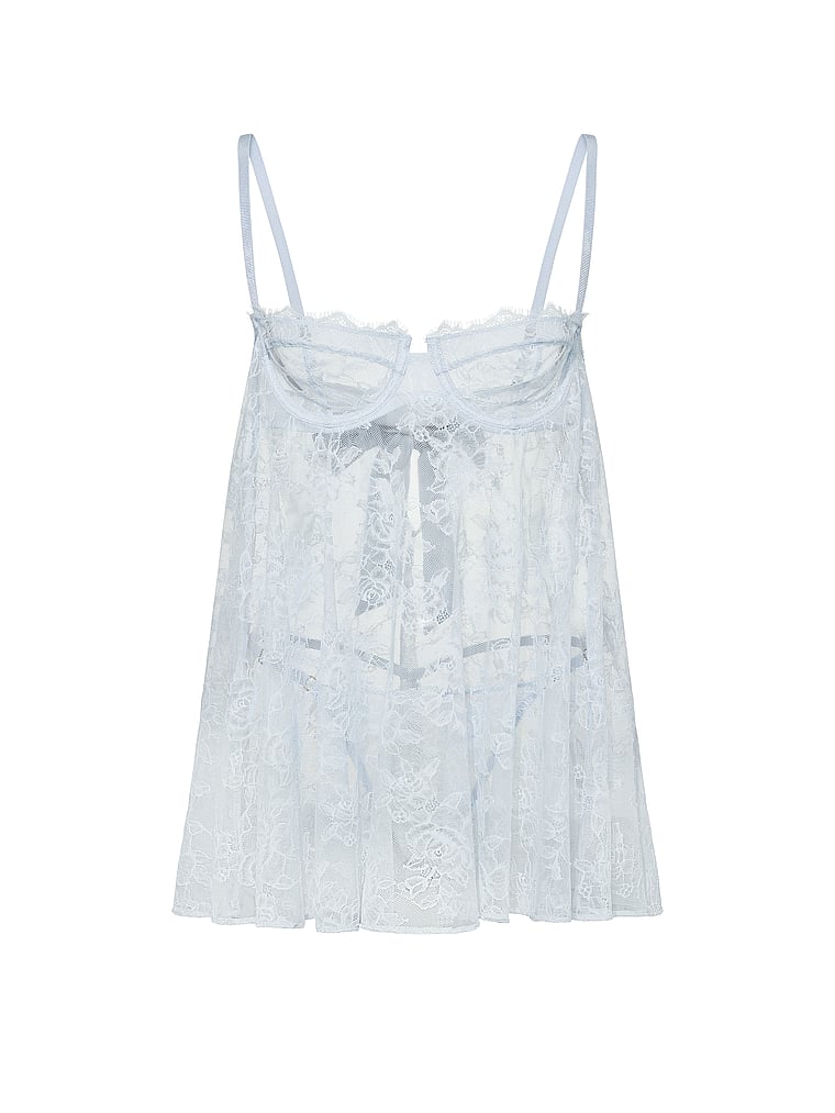 Victoria's Secret, Very Sexy Wicked Unlined Rose Lace Babydoll Set, Linen Blue, offModelFront, 3 of 3