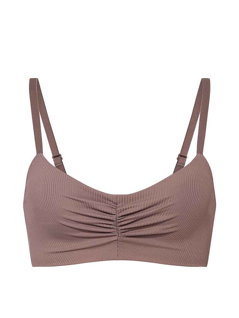 Victoria's Secret, VSX VSX Elevate™ Rib Ruched Sports Bra, Cloudy Grey, offModelFront, 3 of 3