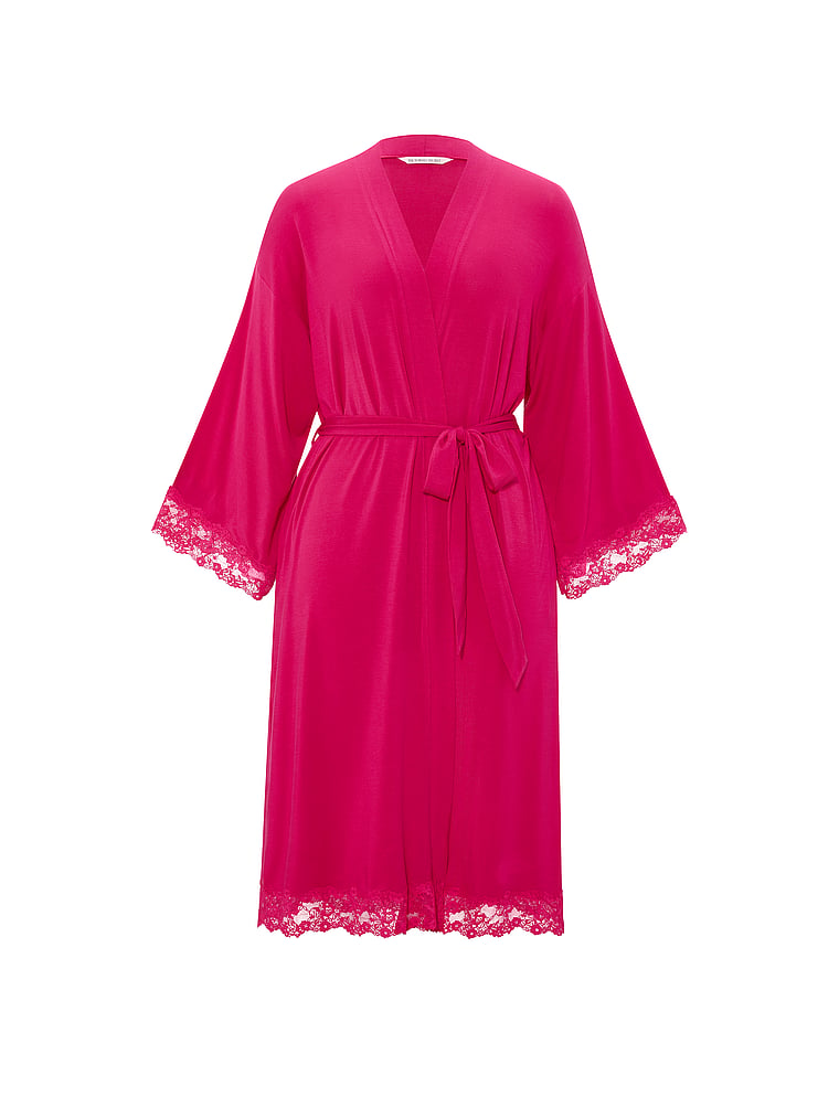 Victoria's Secret, Victoria's Secret SoSoft™ Modal Lace-Trim Robe, Pop Pink, offModelFront, 3 of 3