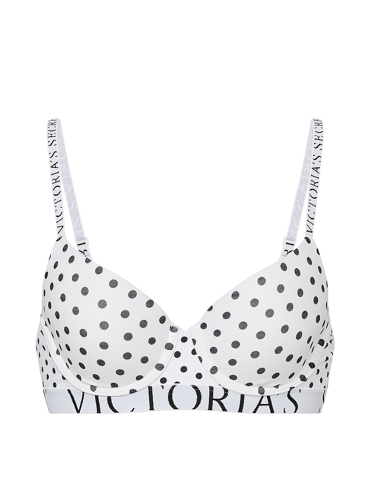 Victoria's Secret, The T-shirt Cotton Embroidered Lightly Lined Demi Bra, White Dots, offModelFront, 3 of 3
