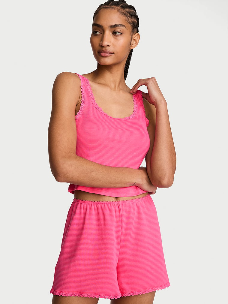 Victoria's Secret, Victoria's Secret Cotton Shadow Stripe Cropped Tank & Shorts Set, Bombshell Pink, onModelFront, 1 of 4 Anyeline is 5'10" and wears S/Long