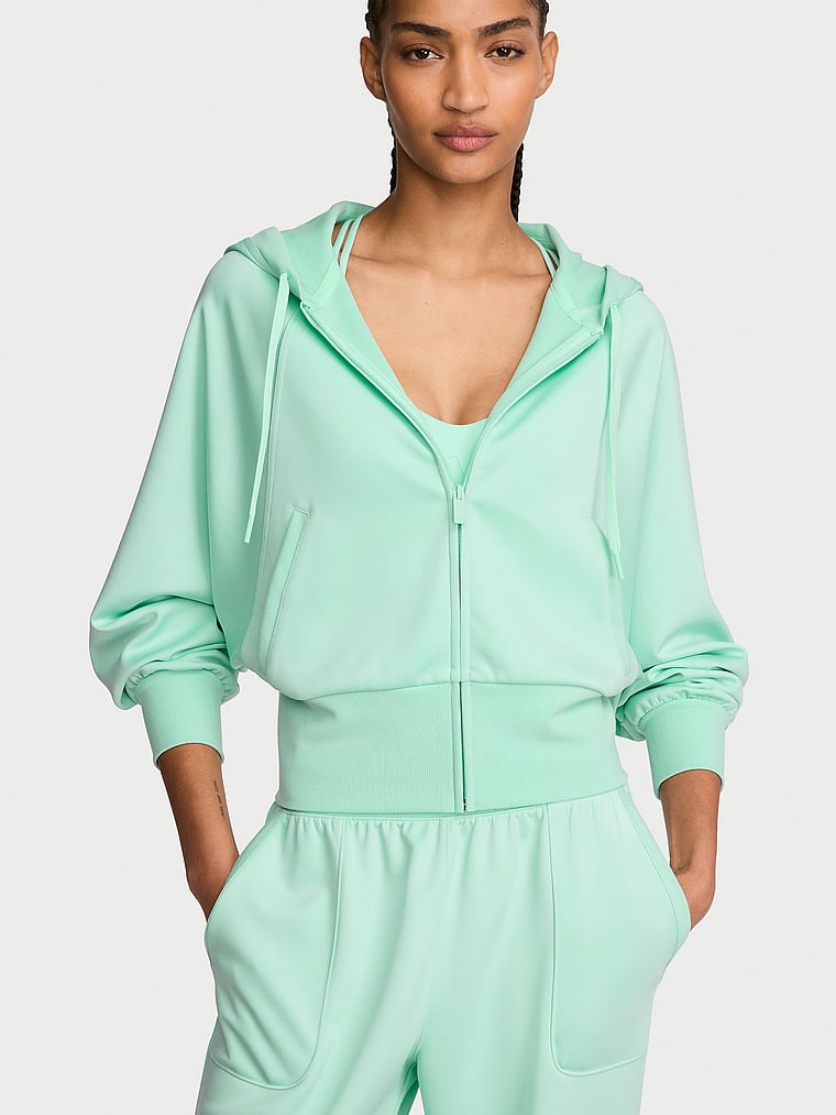 Victoria's Secret, VSX VSX Soft Jersey Hoodie Track Jacket, Waterfall, onModelFront, 1 of 3 Anyeline is 5'10" or 178cm and wears Small