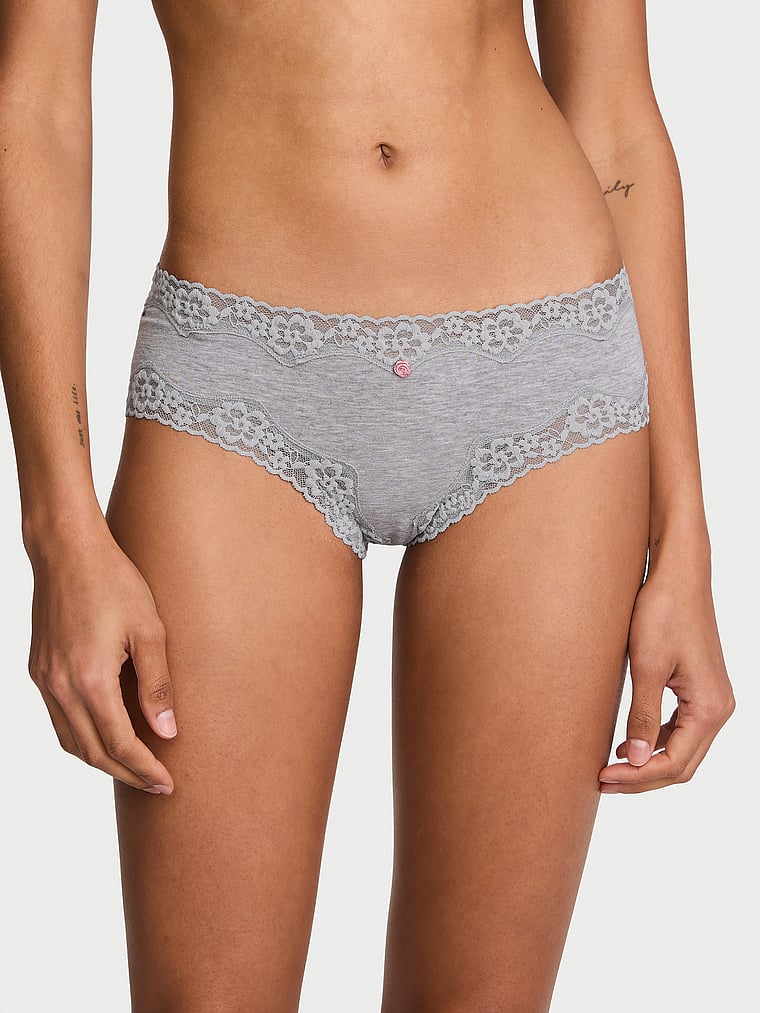 Victoria's Secret, Lace Trim Cotton Shadow Stripe Lace-Waist Cheeky Panty, Medium Heather Grey, onModelFront, 1 of 4 Anyeline is 5'10" or 178cm and wears Small