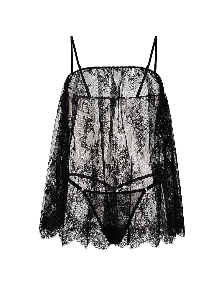 Victoria's Secret, Very Sexy Rose Lace Straight-Neck Babydoll Set, Black, offModelFront, 3 of 4