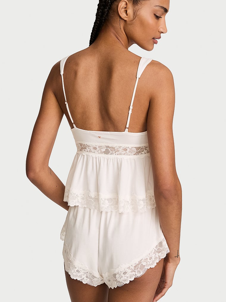 Victoria's Secret, Victoria's Secret SoSoft™ Modal Lace-Trim Bridal Cami Set, Coconut White, onModelBack, 4 of 4