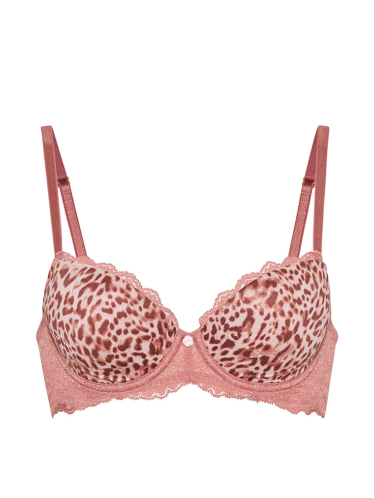 Victoria's Secret, Dream Angels Lace Lightly Lined Demi Bra, Angel Pink Leopard, offModelFront, 3 of 3