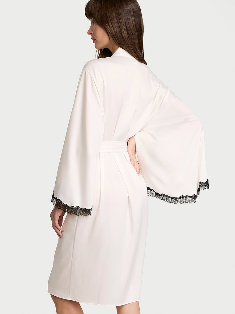 Victoria's Secret, Very Sexy Satin Rose Lace-Trim Midi Robe, Coconut White, onModelBack, 2 of 3 Ari is 5'9" and wears Small