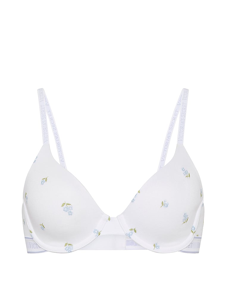 Victoria's Secret, The T-shirt Cotton Logo Hardware Lightly Lined Full-Coverage Bra, White Floral, offModelFront, 3 of 3