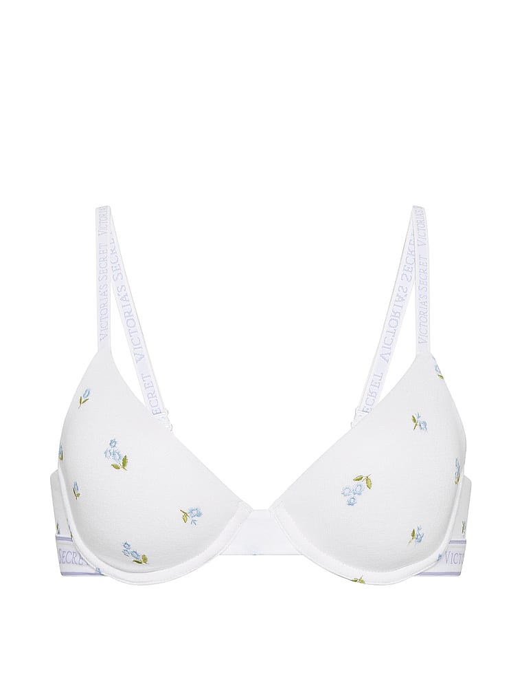 Victoria's Secret, The T-shirt Cotton Embroidered Lightly Lined Demi Bra, White Floral, offModelFront, 4 of 4