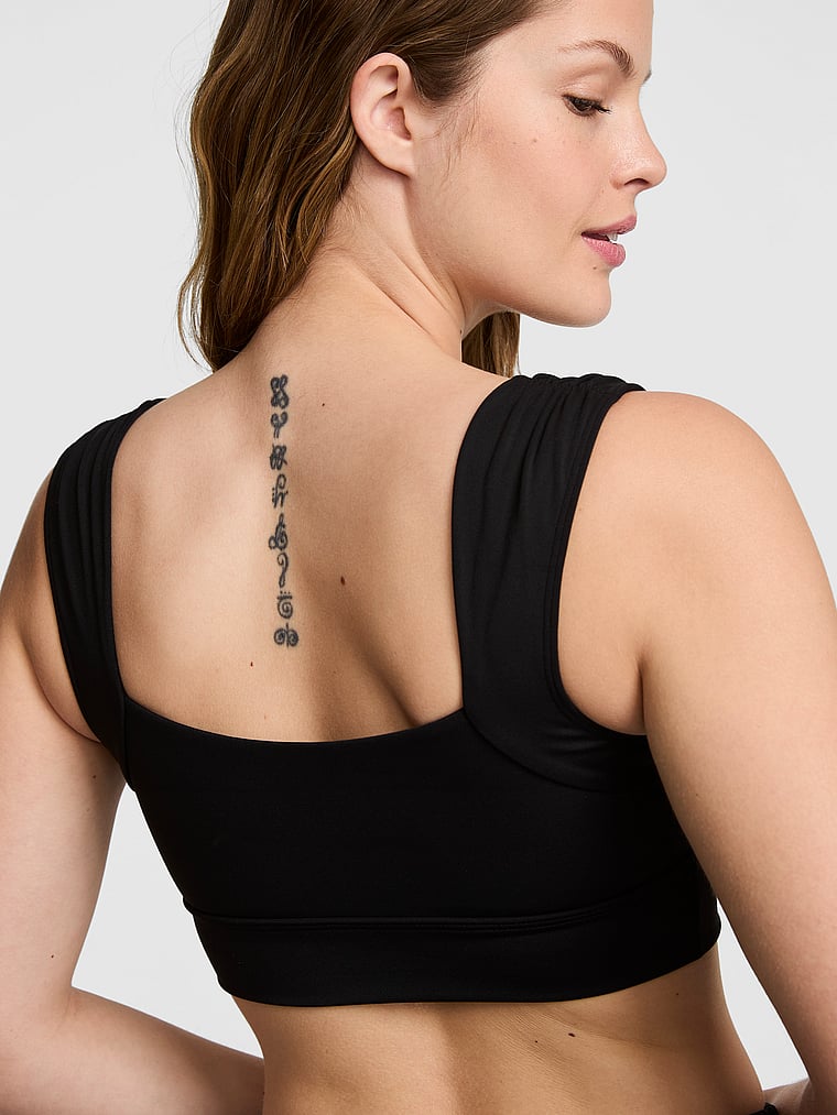 PINK PINK Relay™ Ruched Cropped Bra Tank, Black, onModelBack, 2 of 3 Taylor is 5'8" or 173cm and wears 32B or Small