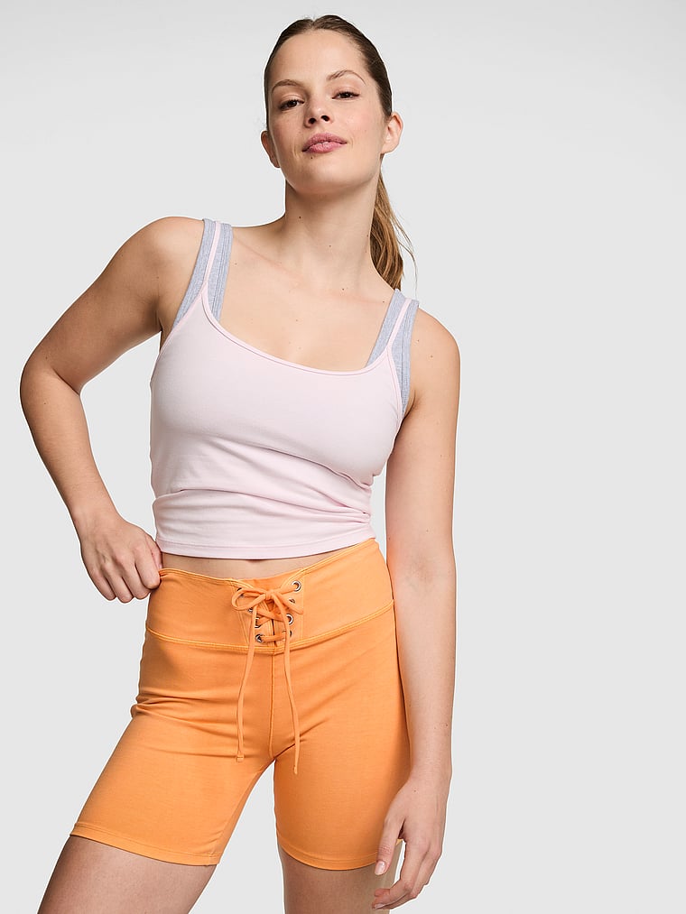 PINK All-Day Cotton™ Lace-Up Bike Shorts, Vitamin C Wash, onModelFront, 1 of 3 Taylor is 5'8" or 173cm and wears Small