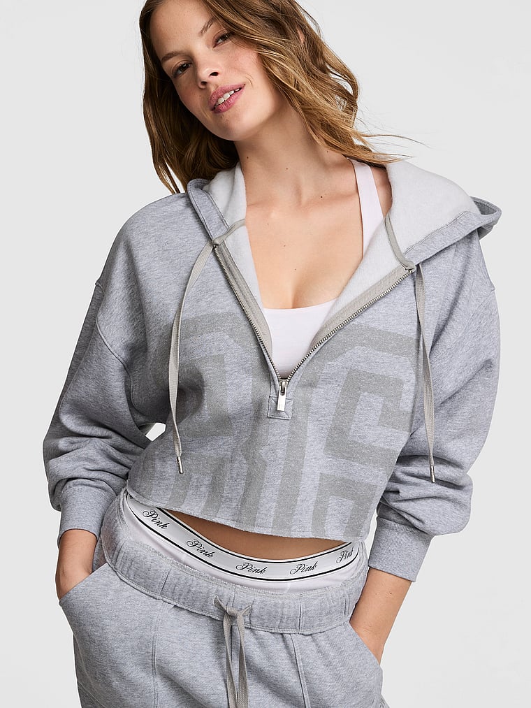 PINK Campus Fleece™ Cropped Half-Zip Hoodie, Heather Grey, onModelFront, 1 of 3 Taylor is 5'8" and wears Small