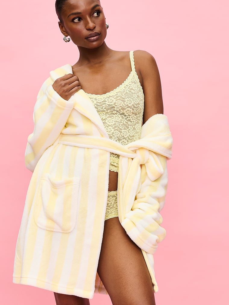 Victoria's Secret, Victoria's Secret Cozy Plush Robe, Sunny Honey Stripes, onModelSide, 1 of 4 Tsheca  is 5'9" and wears Small