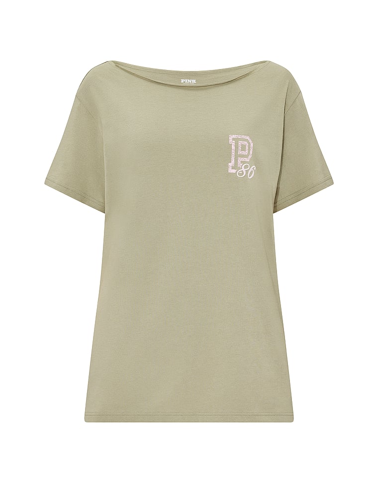 PINK Campus Cotton™ Off-The-Shoulder Tee, Slate Green, offModelFront, 3 of 3
