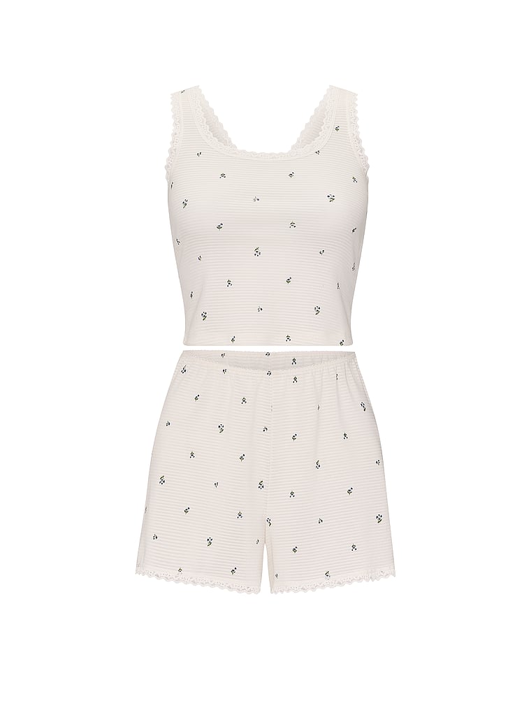 Victoria's Secret, Victoria's Secret Cotton Shadow Stripe Cropped Tank & Shorts Set, Coconut White Floral, offModelFront, 3 of 4