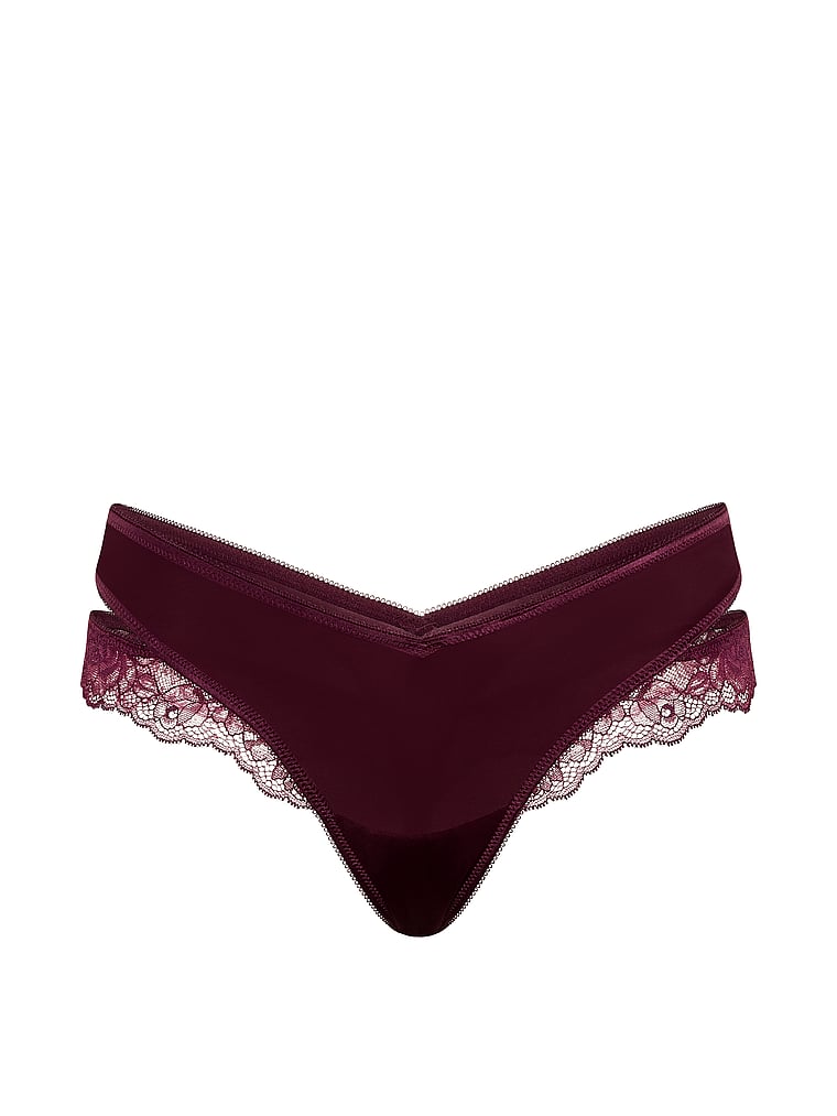Victoria's Secret, Very Sexy Lace Strappy Hardware Peekaboo Thong Panty, Rich Maroon, offModelFront, 2 of 4
