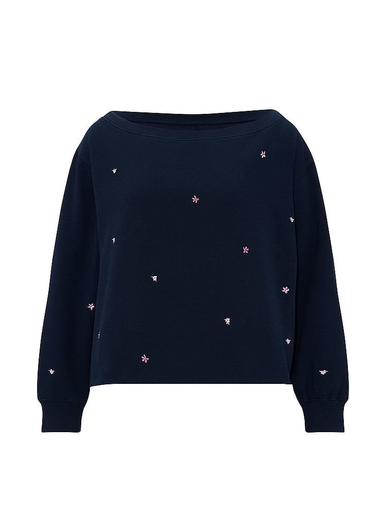 PINK Campus Fleece™ Rib Off-The-Shoulder Sweatshirt, Noir Navy, offModelFront, 3 of 3